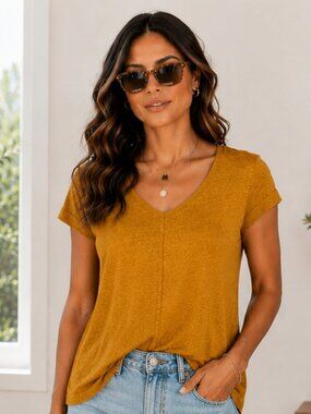 Tahari Medium 100% Linen Gold Bold Slub Soft Scoop Neck Short Sleeve Comfy Top